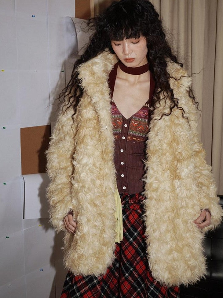 badtaste Plush Rose Rosette Vintage Mid Length Women's Eco Faux Fur Coats