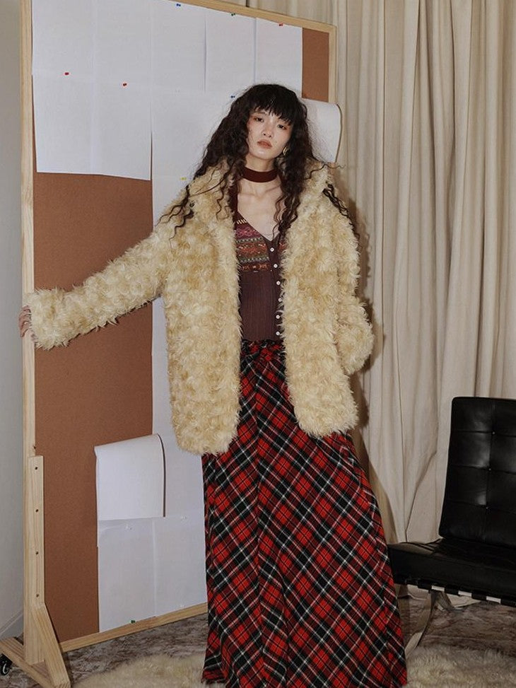 badtaste Plush Rose Rosette Vintage Mid Length Women's Eco Faux Fur Coats