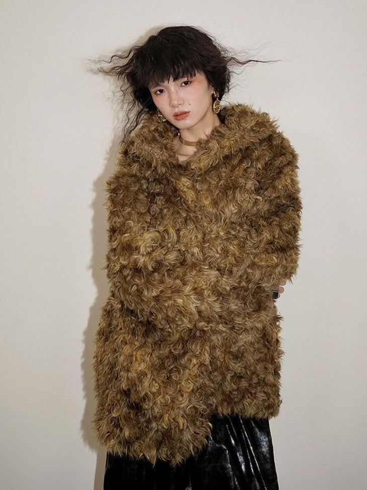 badtaste Plush Rose Rosette Vintage Mid Length Women's Eco Faux Fur Coats