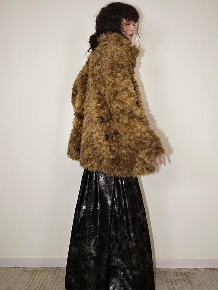 badtaste Plush Rose Rosette Vintage Mid Length Women's Eco Faux Fur Coats