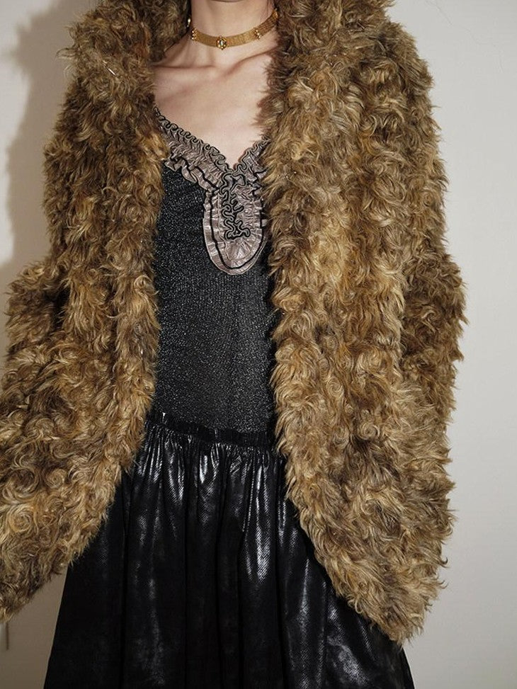 badtaste Plush Rose Rosette Vintage Mid Length Women's Eco Faux Fur Coats