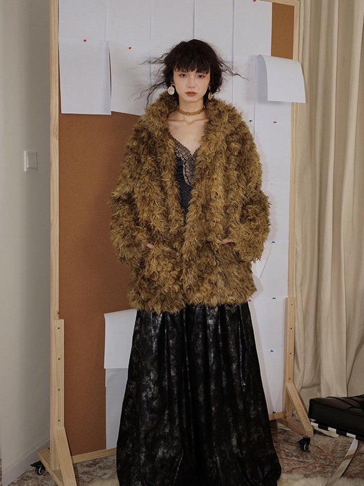 badtaste Plush Rose Rosette Vintage Mid Length Women's Eco Faux Fur Coats