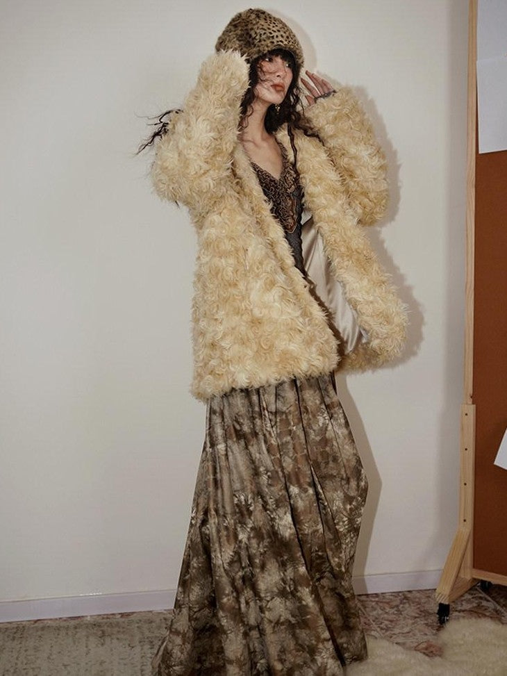 badtaste Plush Rose Rosette Vintage Mid Length Women's Eco Faux Fur Coats