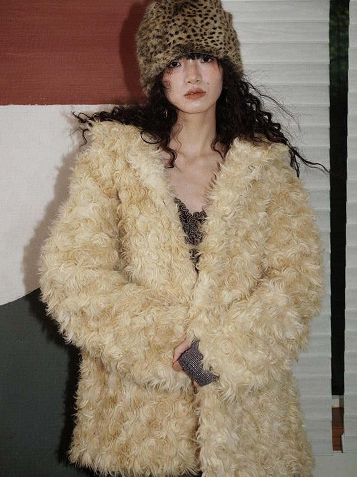 badtaste Plush Rose Rosette Vintage Mid Length Women's Eco Faux Fur Coats