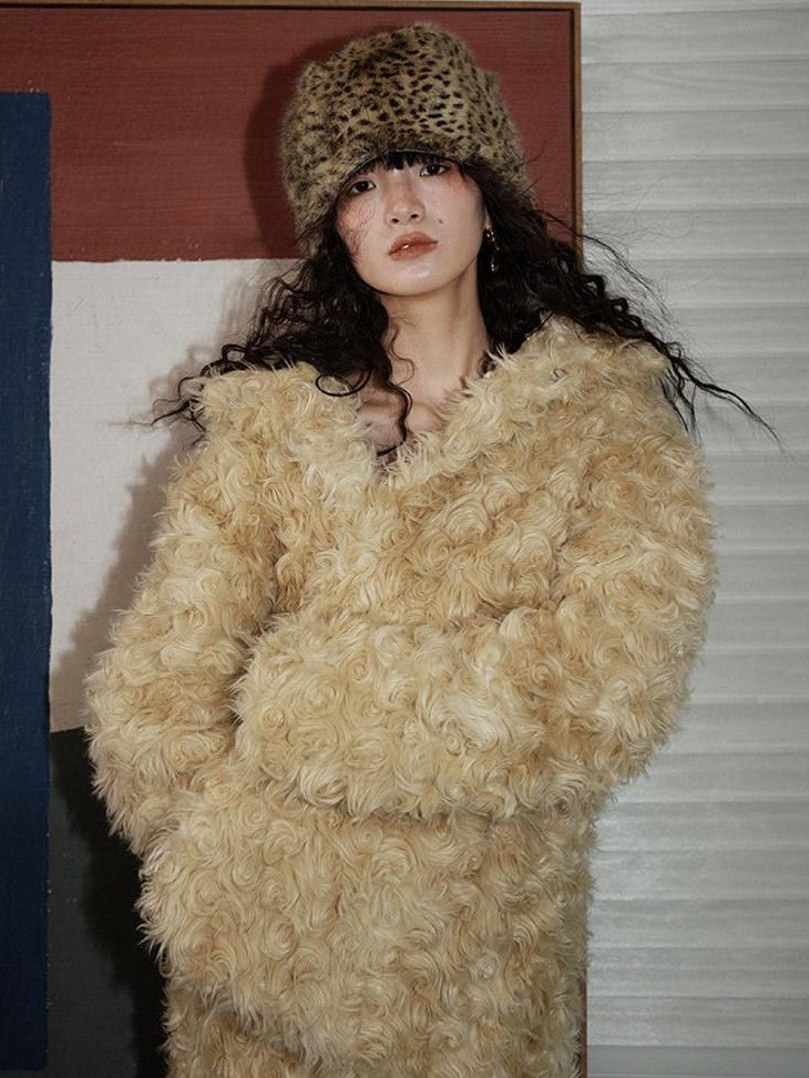 badtaste Plush Rose Rosette Vintage Mid Length Women's Eco Faux Fur Coats