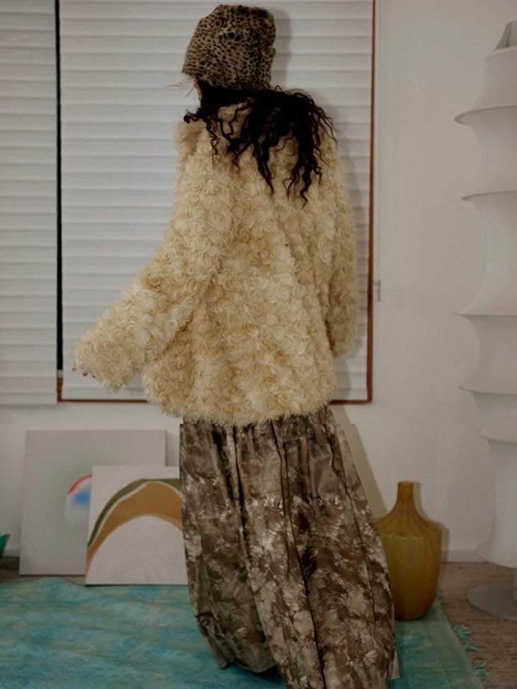 badtaste Plush Rose Rosette Vintage Mid Length Women's Eco Faux Fur Coats