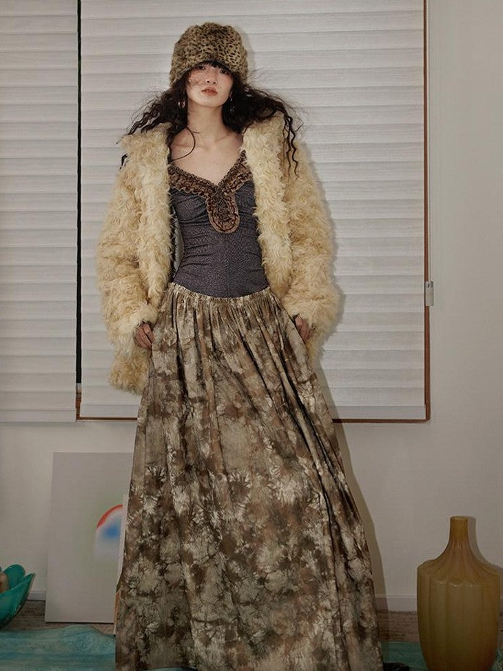badtaste Plush Rose Rosette Vintage Mid Length Women's Eco Faux Fur Coats