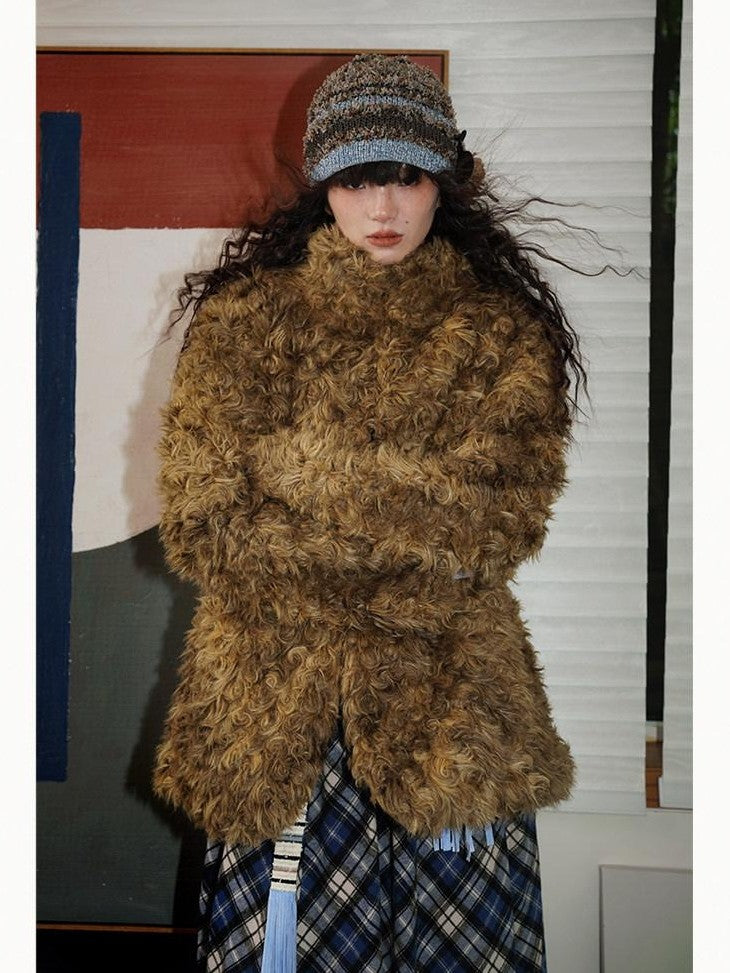 badtaste Plush Rose Rosette Vintage Mid Length Women's Eco Faux Fur Coats