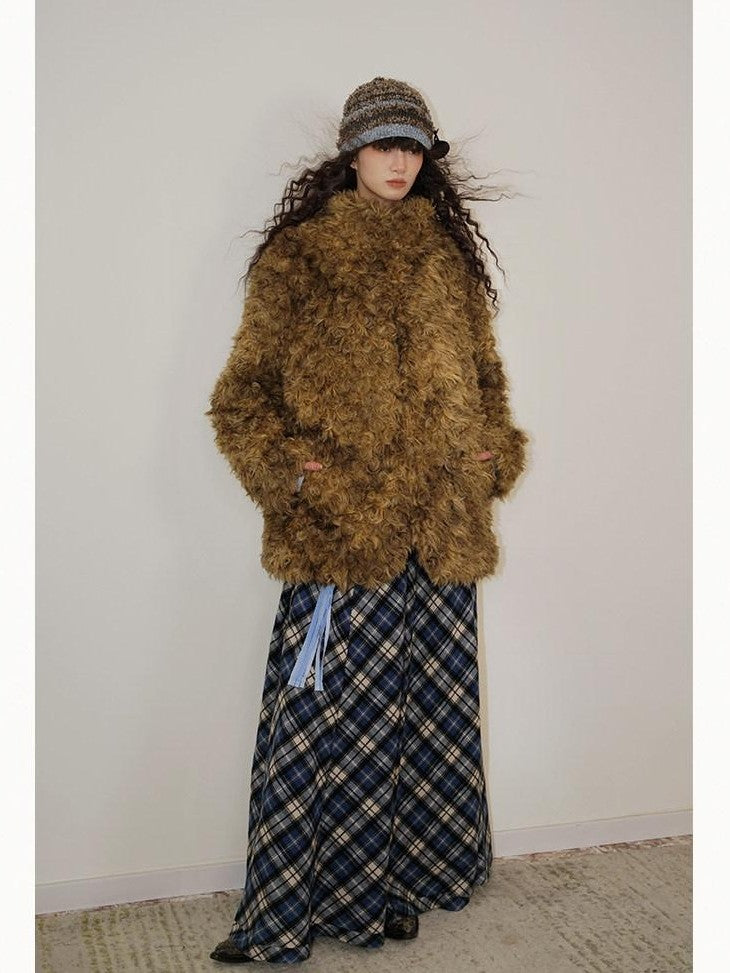 badtaste Plush Rose Rosette Vintage Mid Length Women's Eco Faux Fur Coats
