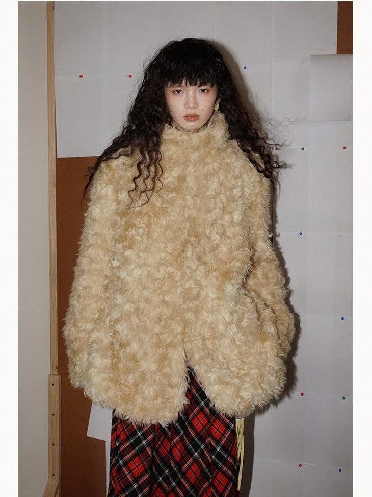 badtaste Plush Rose Rosette Vintage Mid Length Women's Eco Faux Fur Coats