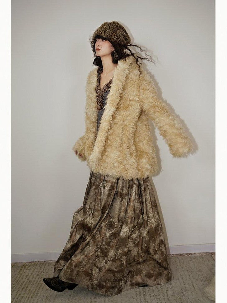 badtaste Plush Rose Rosette Vintage Mid Length Women's Eco Faux Fur Coats