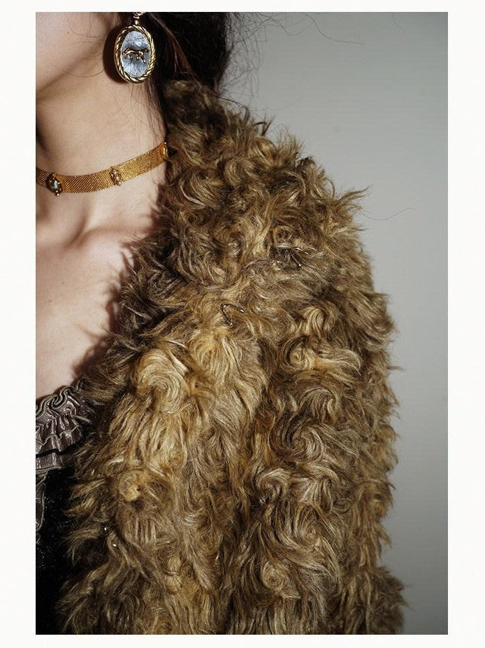 badtaste Plush Rose Rosette Vintage Mid Length Women's Eco Faux Fur Coats