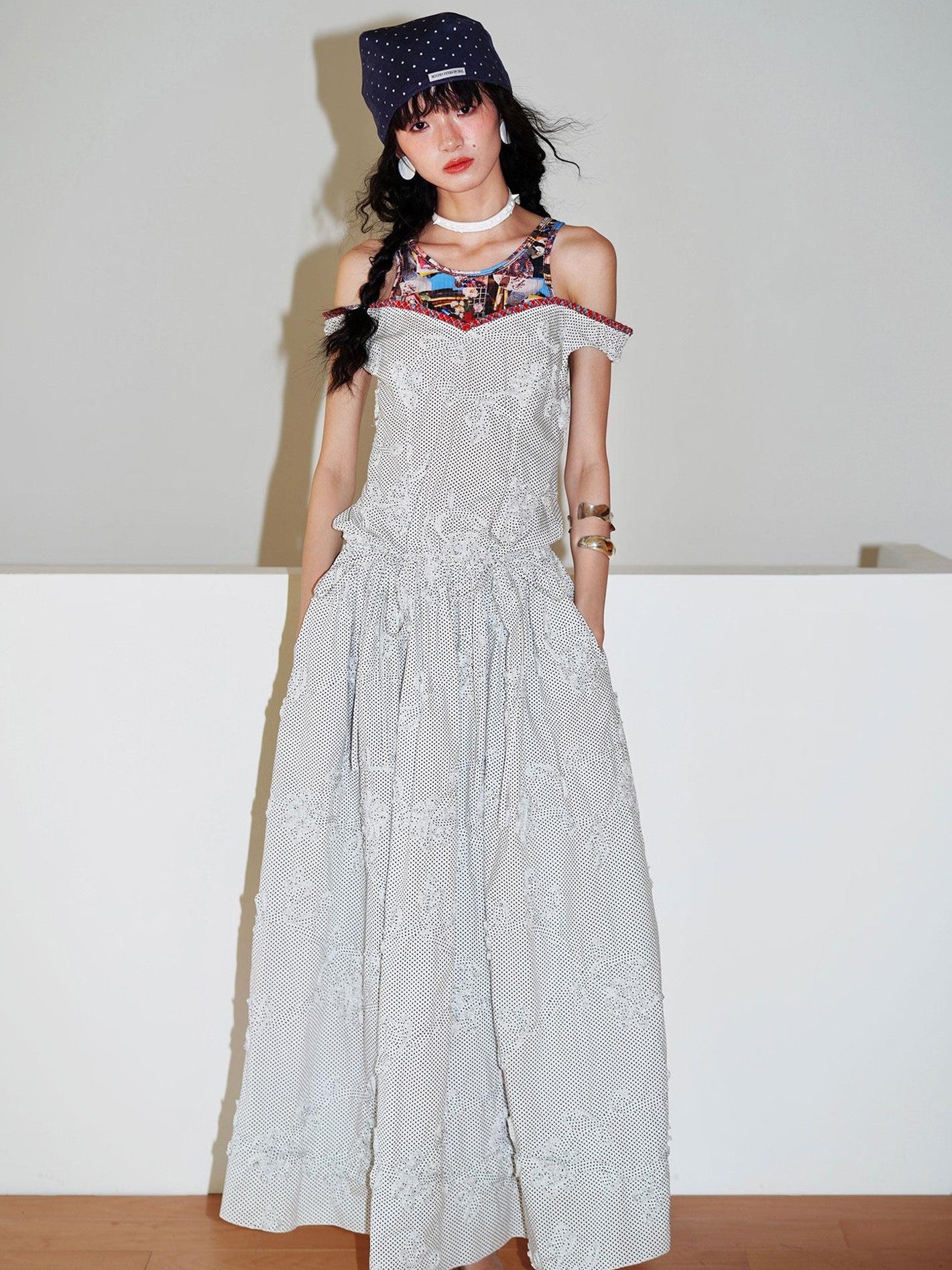 badtaste Polka Dot 3d Embroidered Faux Two Piece Loose Long Women's Beach Maxi Dresses