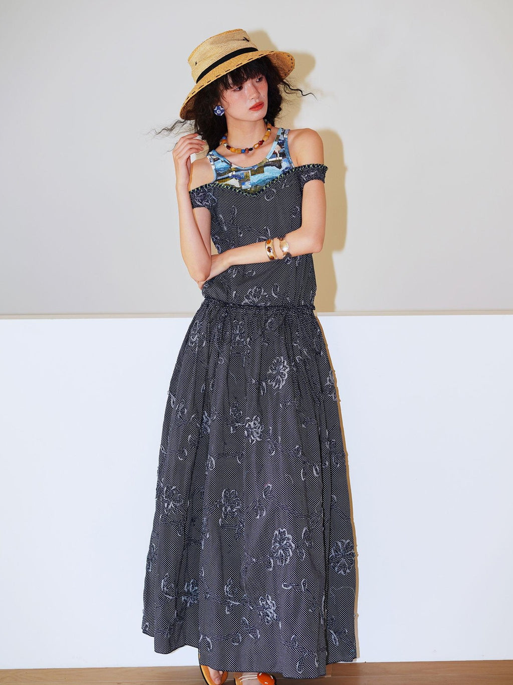 badtaste Polka Dot 3d Embroidered Faux Two Piece Loose Long Women's Beach Maxi Dresses