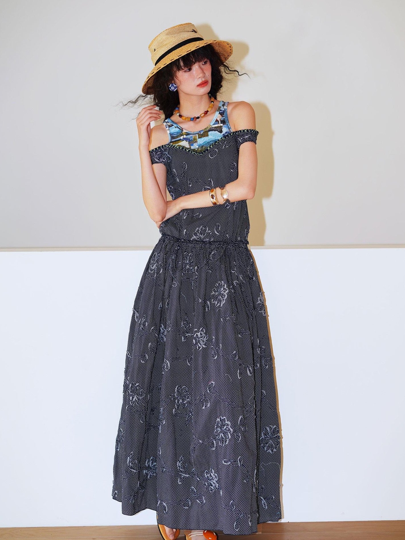 badtaste Polka Dot 3d Embroidered Faux Two Piece Loose Long Women's Beach Maxi Dresses