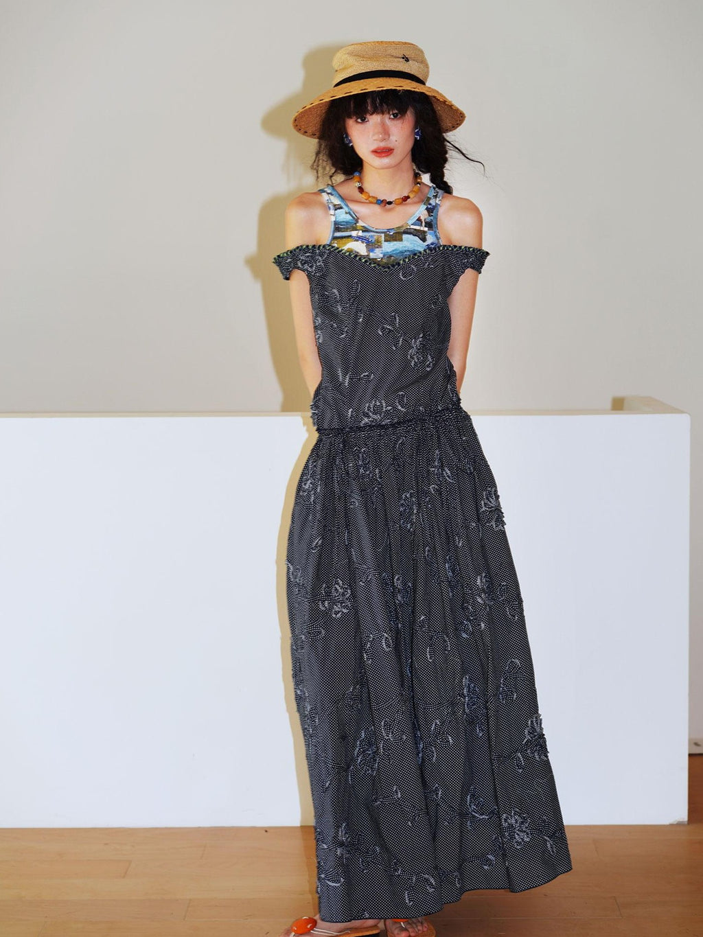 badtaste Polka Dot 3d Embroidered Faux Two Piece Loose Long Women's Beach Maxi Dresses