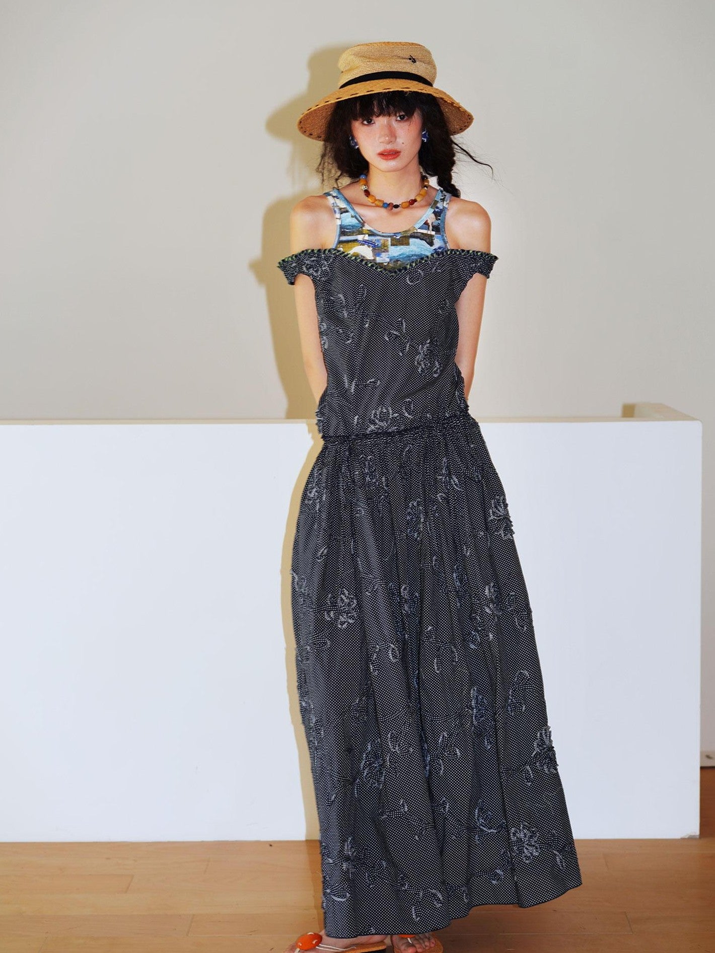 badtaste Polka Dot 3d Embroidered Faux Two Piece Loose Long Women's Beach Maxi Dresses