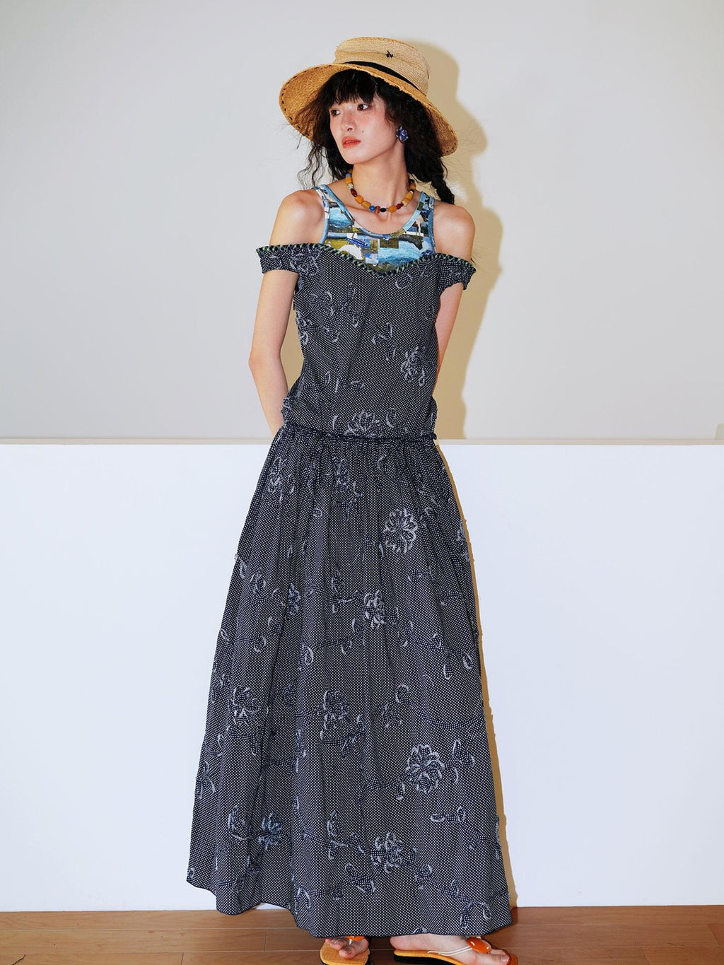 badtaste Polka Dot 3d Embroidered Faux Two Piece Loose Long Women's Beach Maxi Dresses