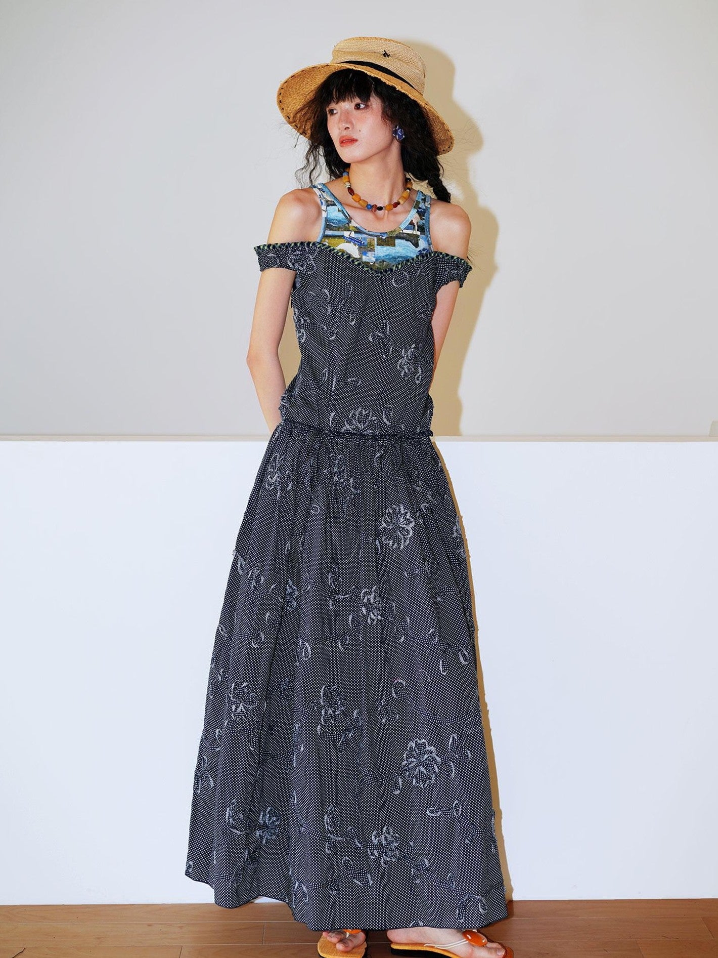 badtaste Polka Dot 3d Embroidered Faux Two Piece Loose Long Women's Beach Maxi Dresses