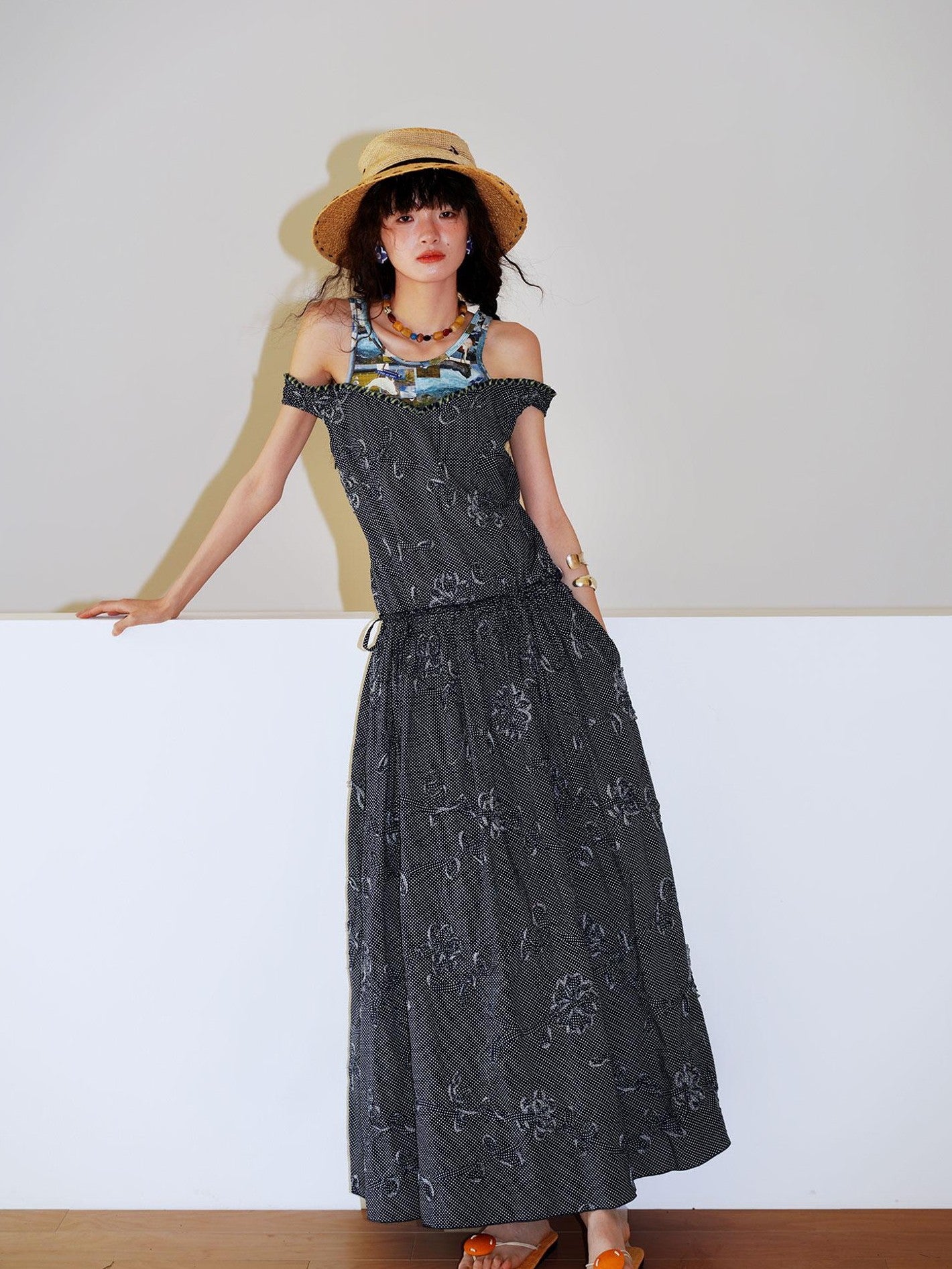 badtaste Polka Dot 3d Embroidered Faux Two Piece Loose Long Women's Beach Maxi Dresses
