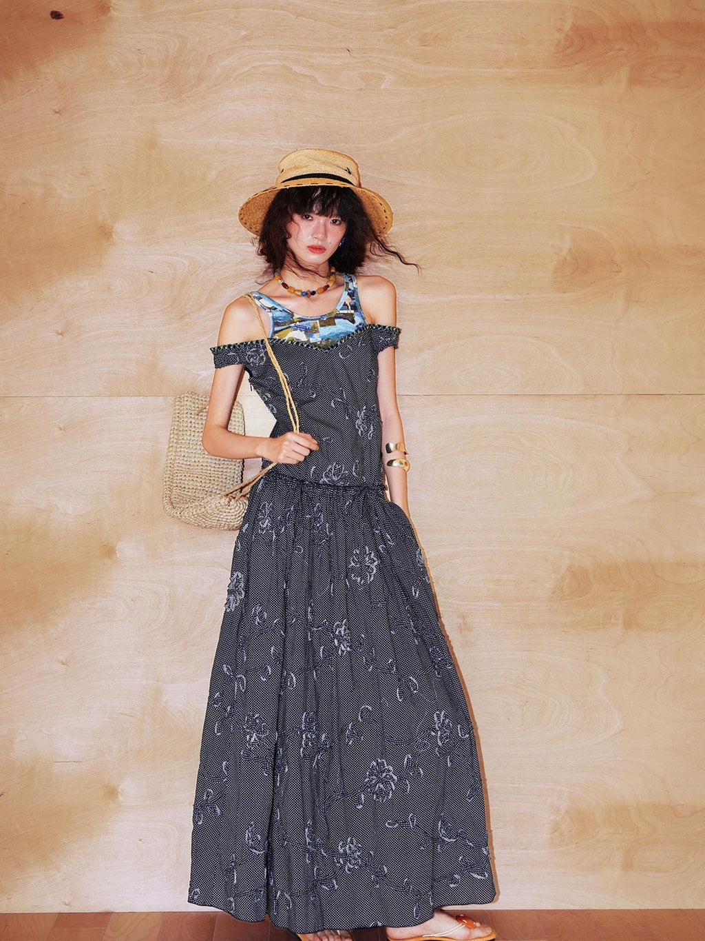 badtaste Polka Dot 3d Embroidered Faux Two Piece Loose Long Women's Beach Maxi Dresses