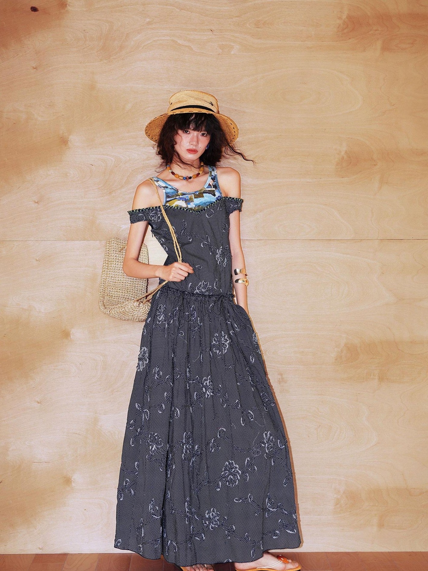 badtaste Polka Dot 3d Embroidered Faux Two Piece Loose Long Women's Beach Maxi Dresses