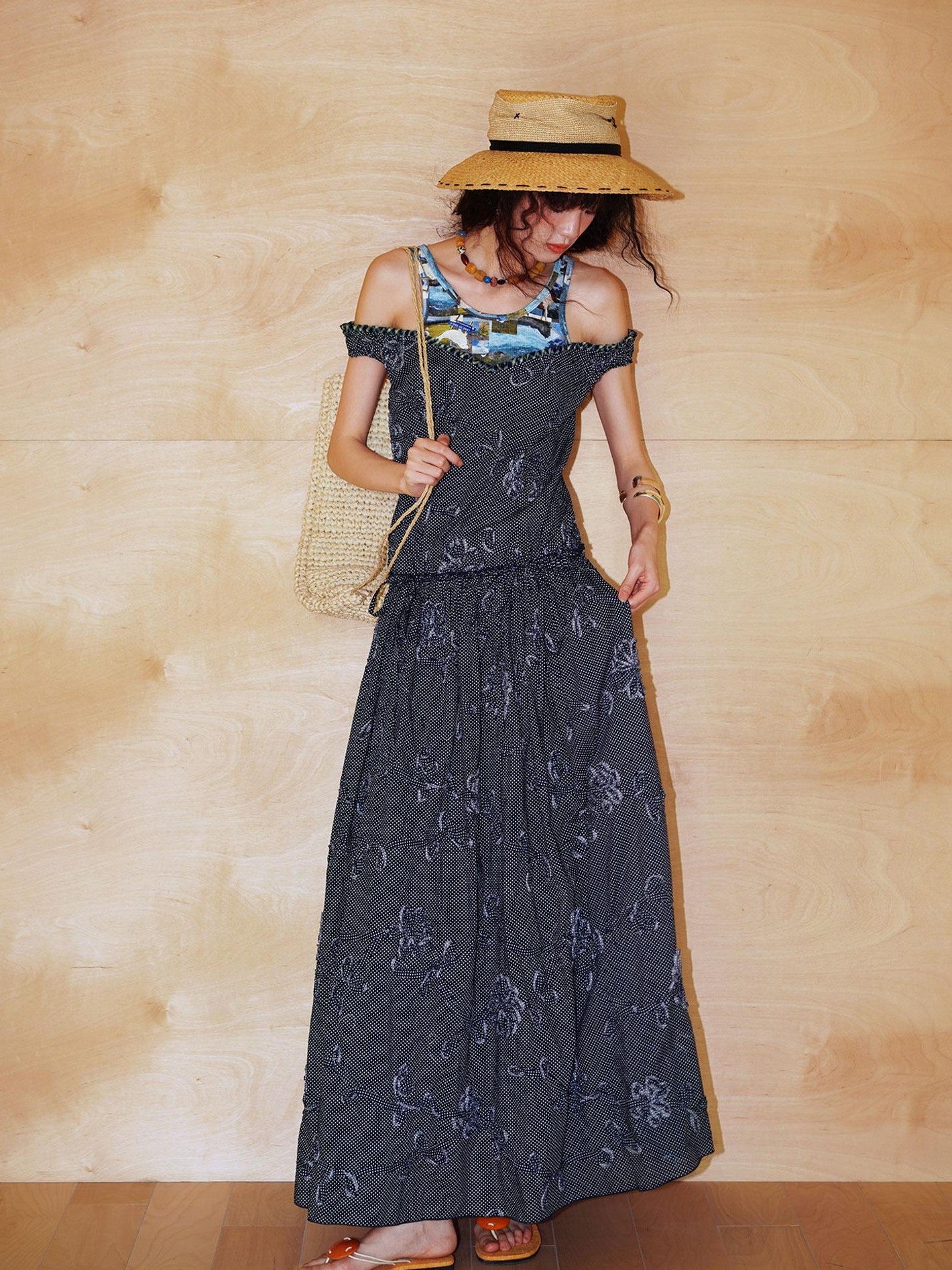 badtaste Polka Dot 3d Embroidered Faux Two Piece Loose Long Women's Beach Maxi Dresses