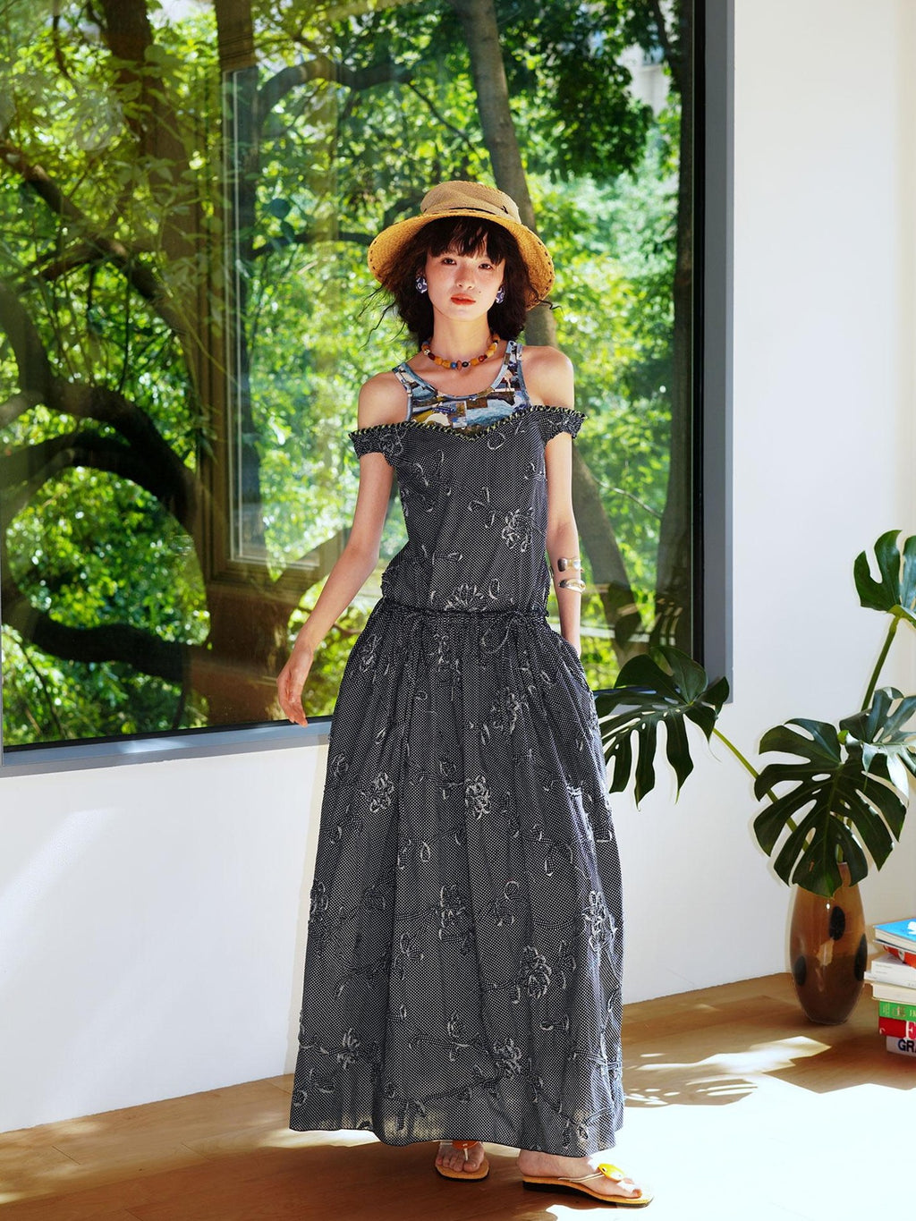 badtaste Polka Dot 3d Embroidered Faux Two Piece Loose Long Women's Beach Maxi Dresses