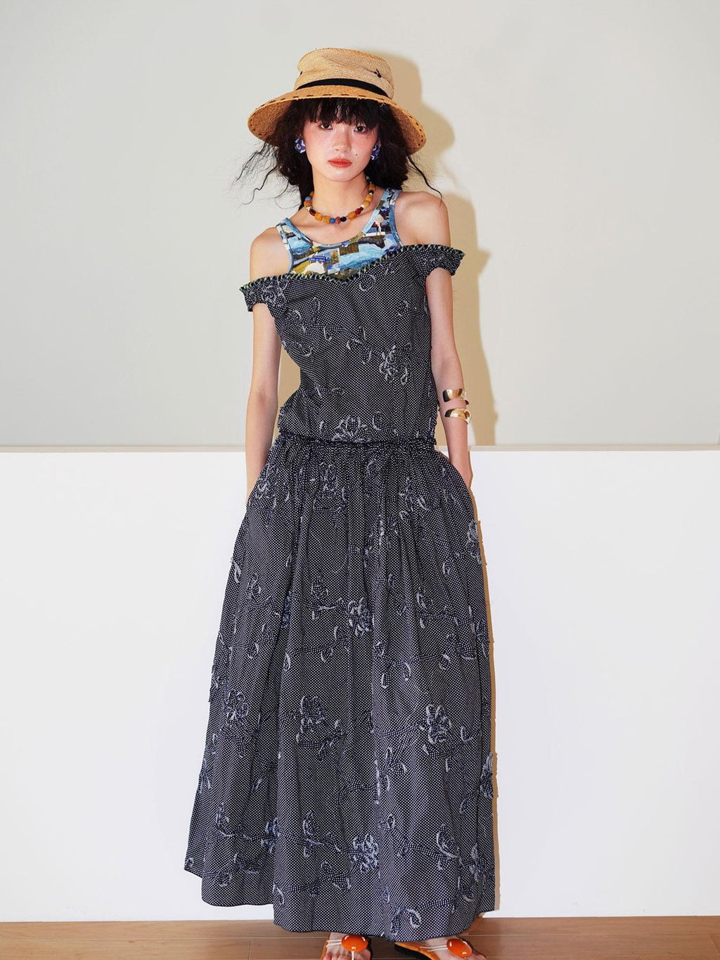 badtaste Polka Dot 3d Embroidered Faux Two Piece Loose Long Women's Beach Maxi Dresses