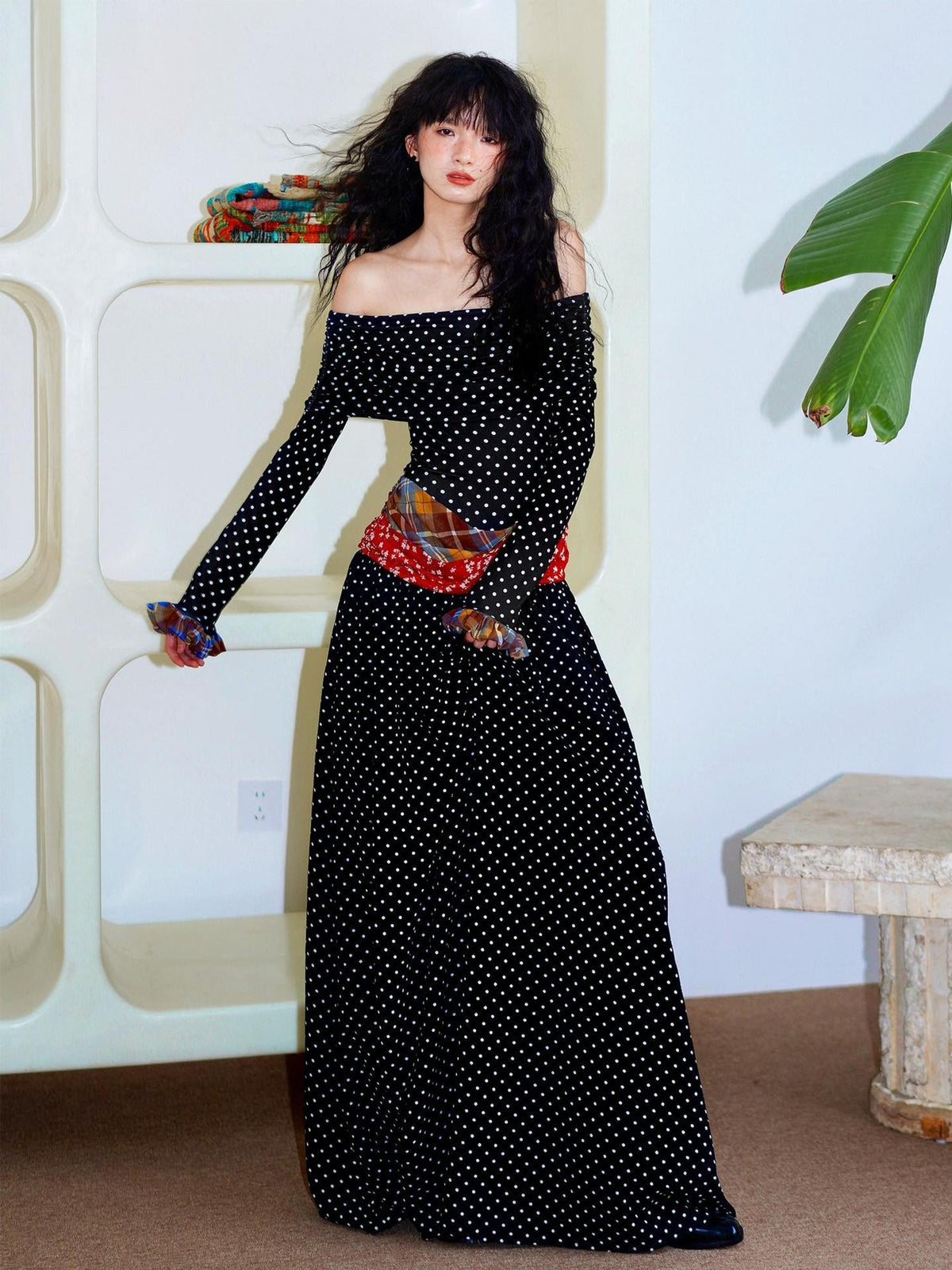 badtaste Polka Dot Colorblock Off Shoulder Vintage Women's Strapless Maxi Dresses