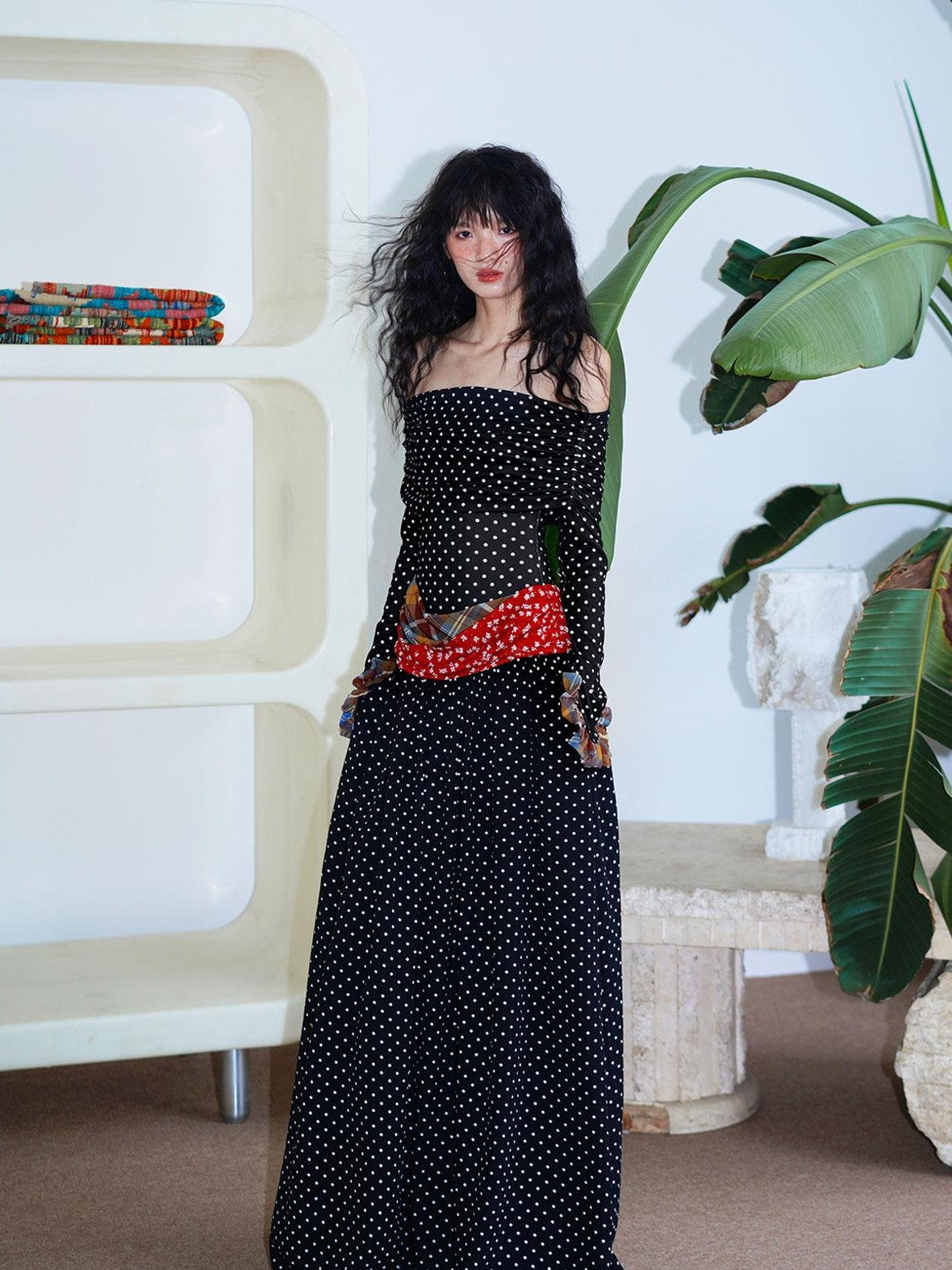 badtaste Polka Dot Colorblock Off Shoulder Vintage Women's Strapless Maxi Dresses