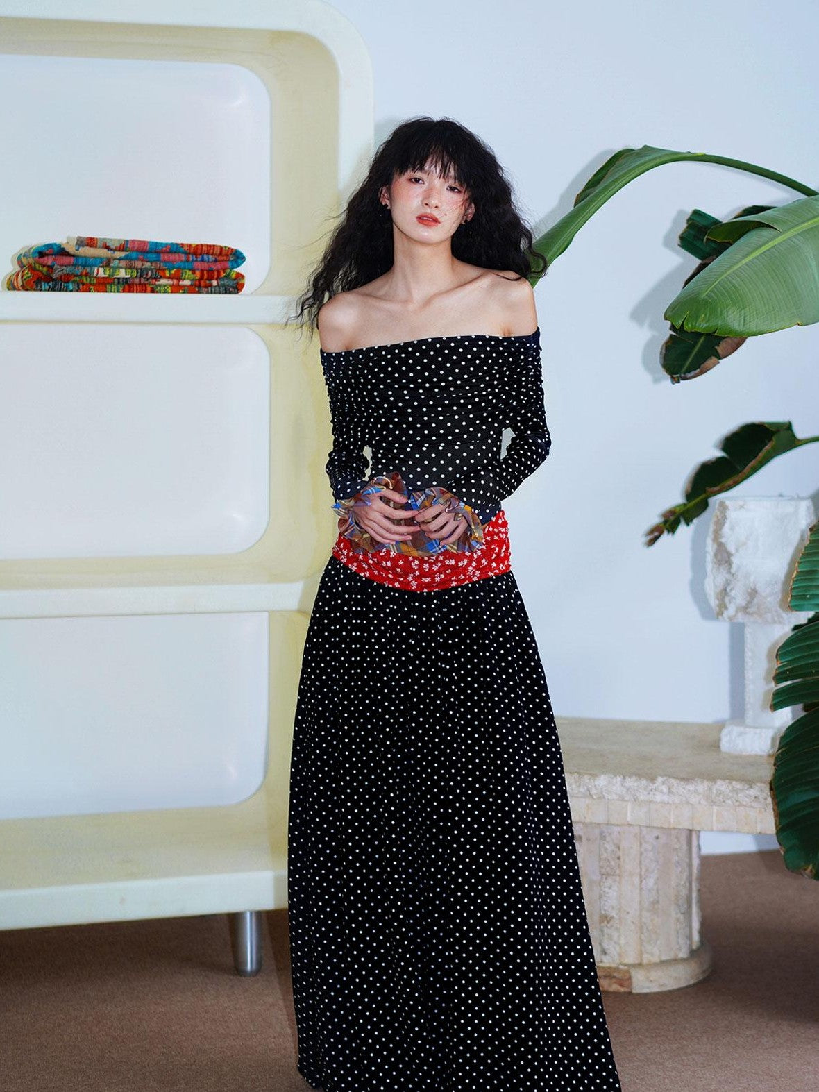 badtaste Polka Dot Colorblock Off Shoulder Vintage Women's Strapless Maxi Dresses