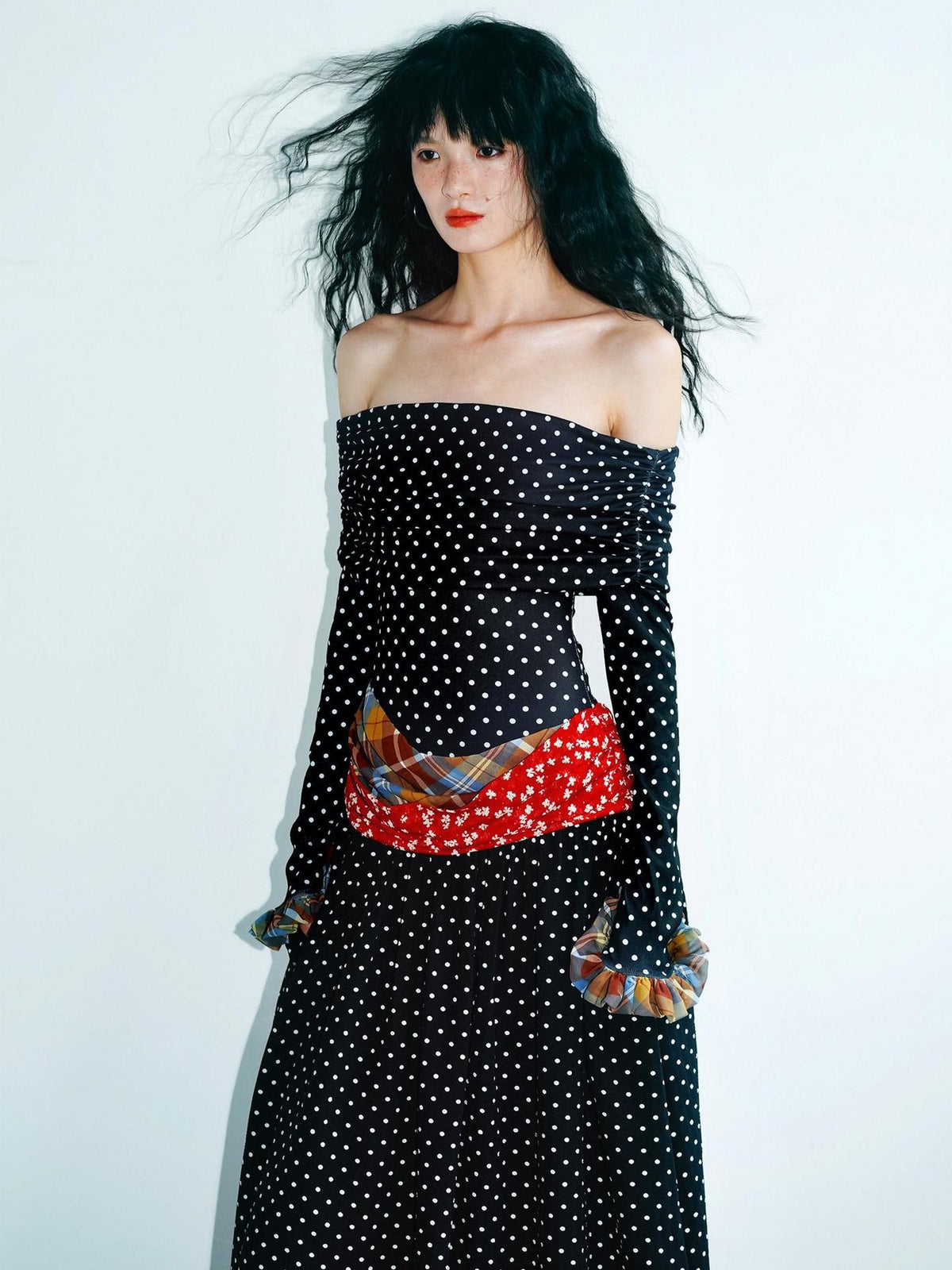 badtaste Polka Dot Colorblock Off Shoulder Vintage Women's Strapless Maxi Dresses