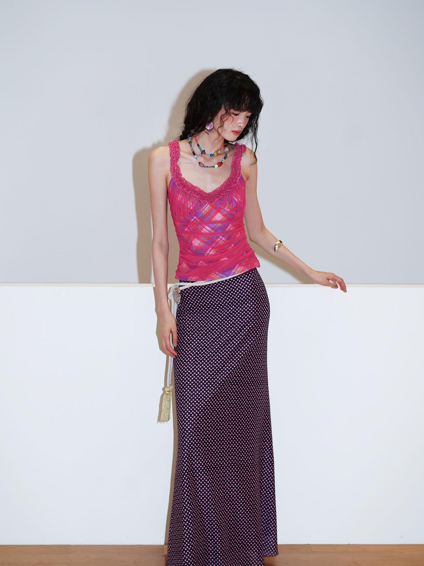 badtaste Polka Dot Contrast Print Mesh Tulle Slim Fit Women's Mermaid Skirts