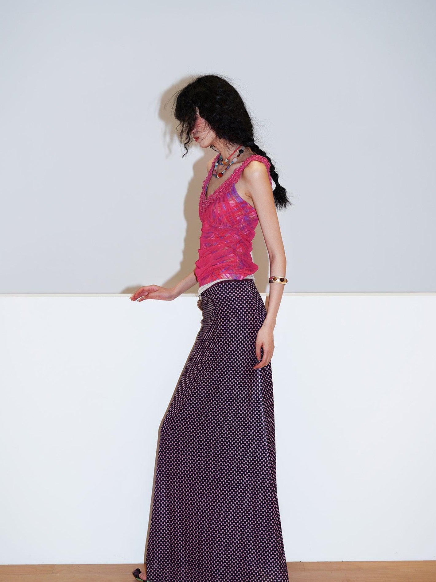 badtaste Polka Dot Contrast Print Mesh Tulle Slim Fit Women's Mermaid Skirts