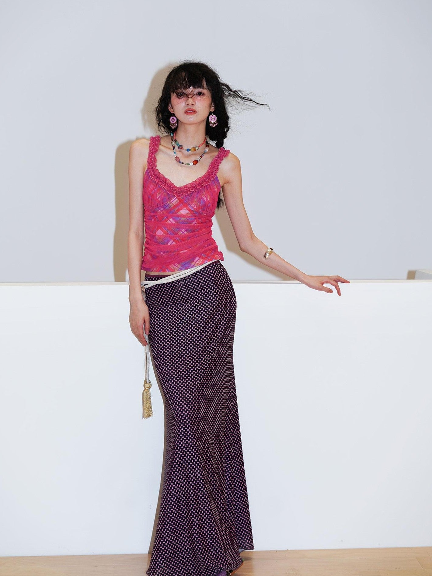 badtaste Polka Dot Contrast Print Mesh Tulle Slim Fit Women's Mermaid Skirts