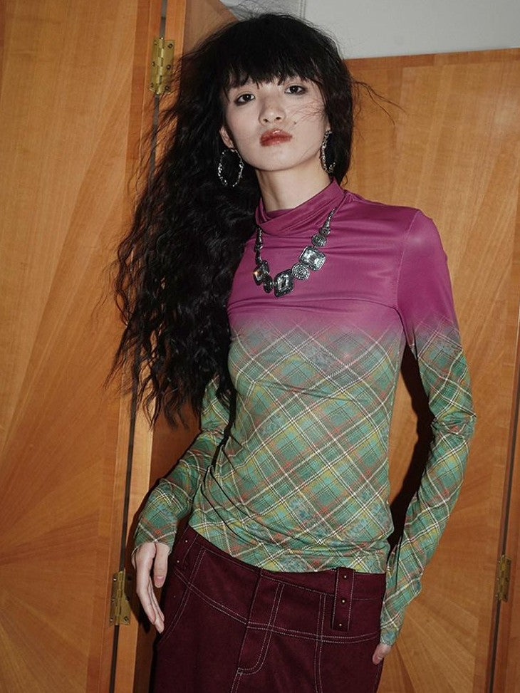 badtaste Print Colorblock Plaid High Neck Knit Women's Long Sleeve T-shirts