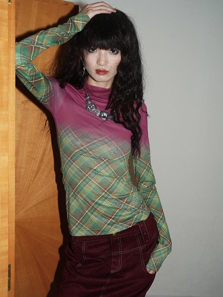 badtaste Print Colorblock Plaid High Neck Knit Women's Long Sleeve T-shirts