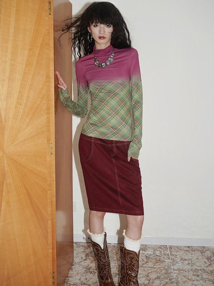badtaste Print Colorblock Plaid High Neck Knit Women's Long Sleeve T-shirts