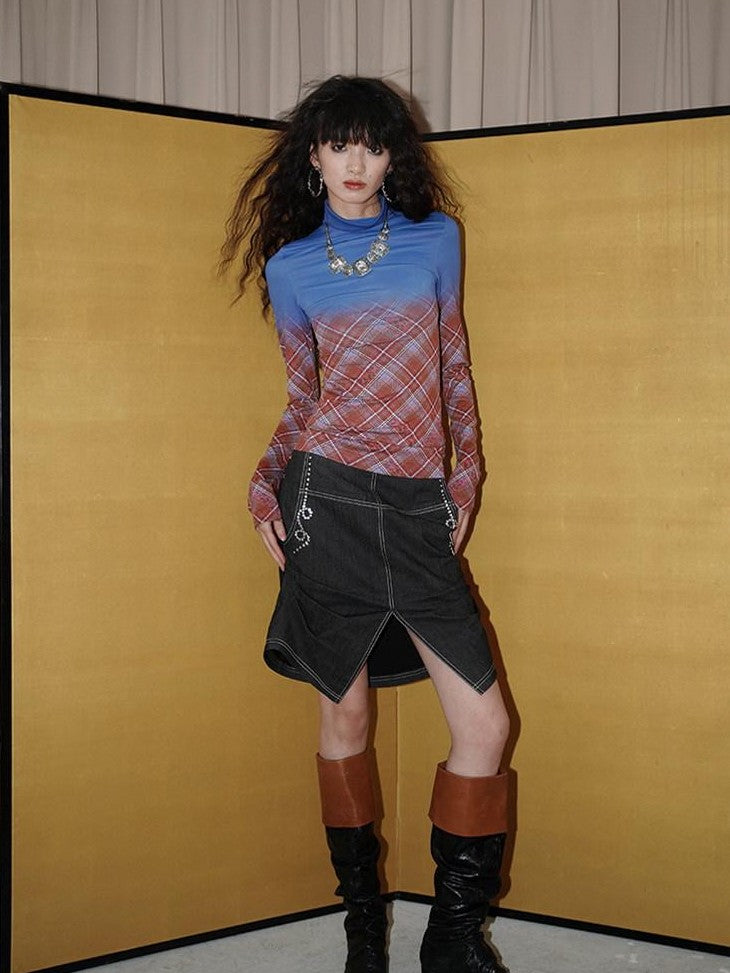 badtaste Print Colorblock Plaid High Neck Knit Women's Long Sleeve T-shirts
