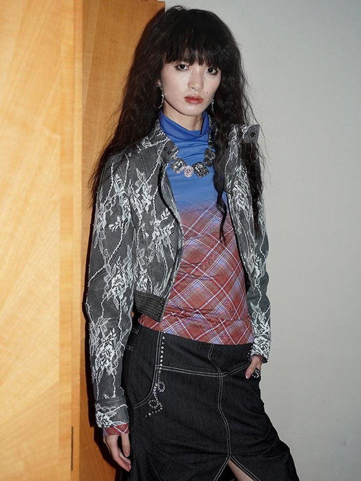 badtaste Print Colorblock Plaid High Neck Knit Women's Long Sleeve T-shirts