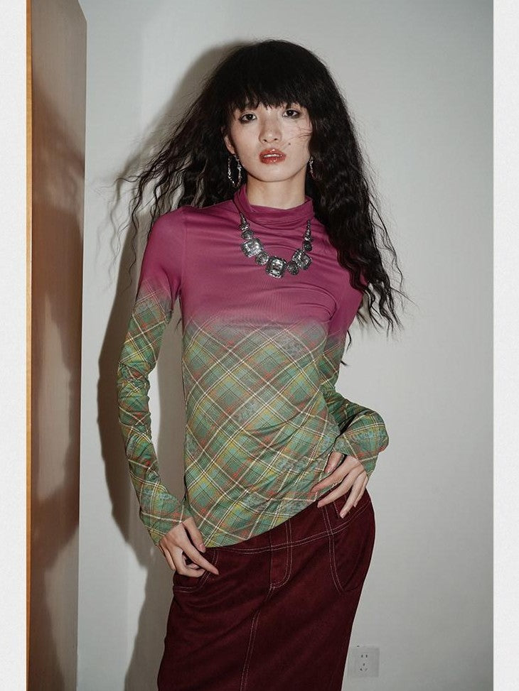 badtaste Print Colorblock Plaid High Neck Knit Women's Long Sleeve T-shirts