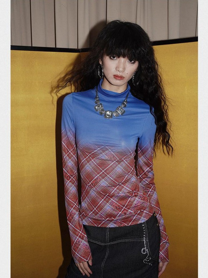 badtaste Print Colorblock Plaid High Neck Knit Women's Long Sleeve T-shirts