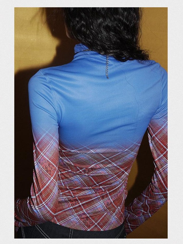 badtaste Print Colorblock Plaid High Neck Knit Women's Long Sleeve T-shirts