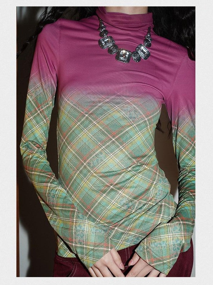 badtaste Print Colorblock Plaid High Neck Knit Women's Long Sleeve T-shirts