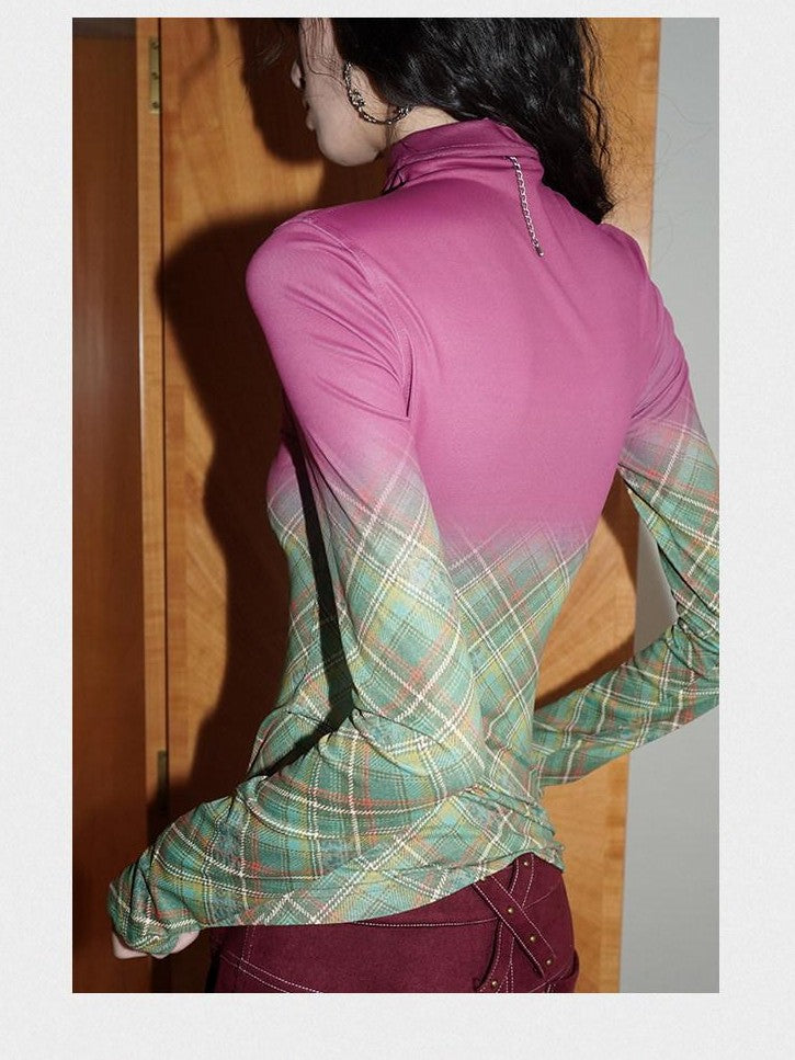 badtaste Print Colorblock Plaid High Neck Knit Women's Long Sleeve T-shirts