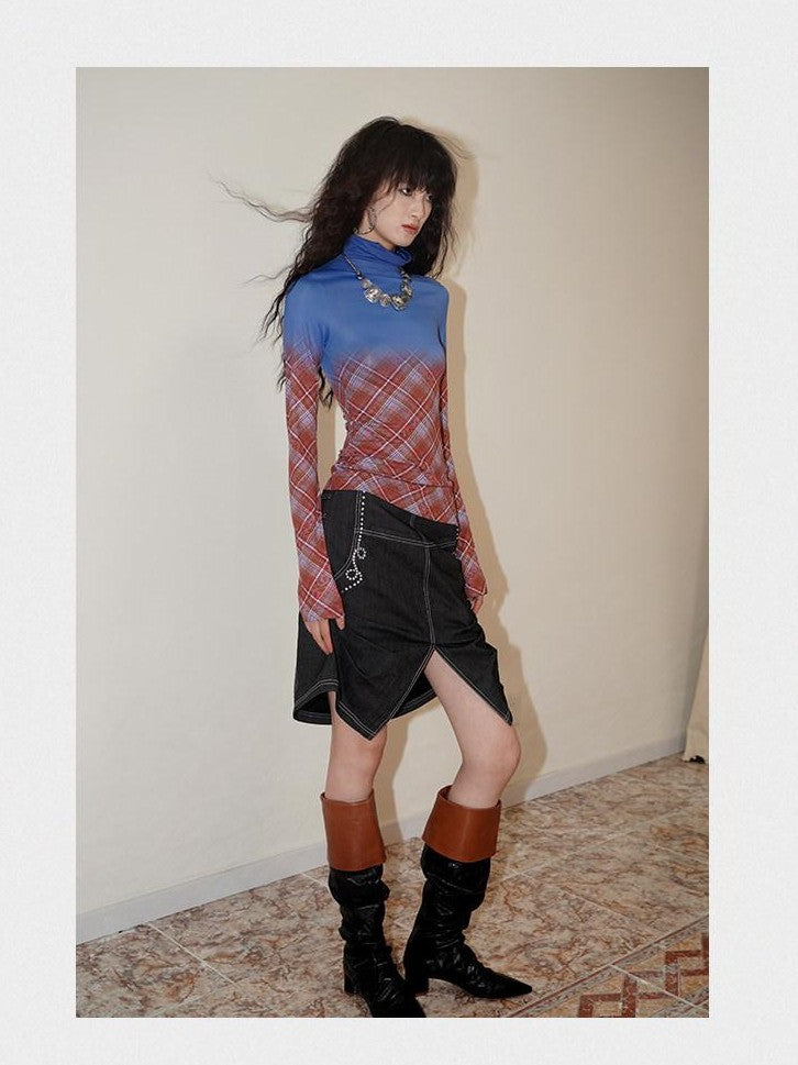 badtaste Print Colorblock Plaid High Neck Knit Women's Long Sleeve T-shirts