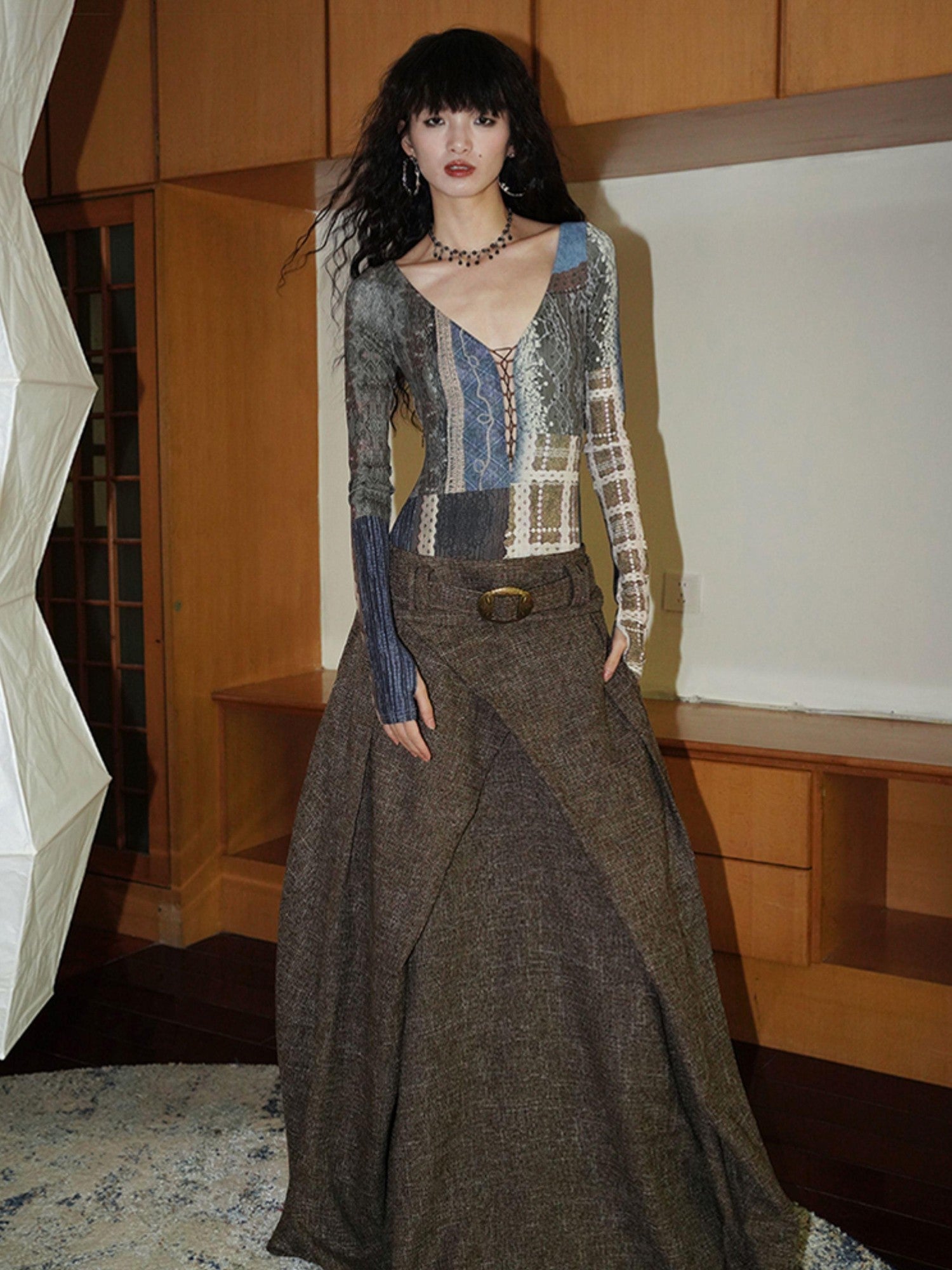 badtaste Printed Cutout Lace Up Faux Layered Women's Casual Maxi Dresses
