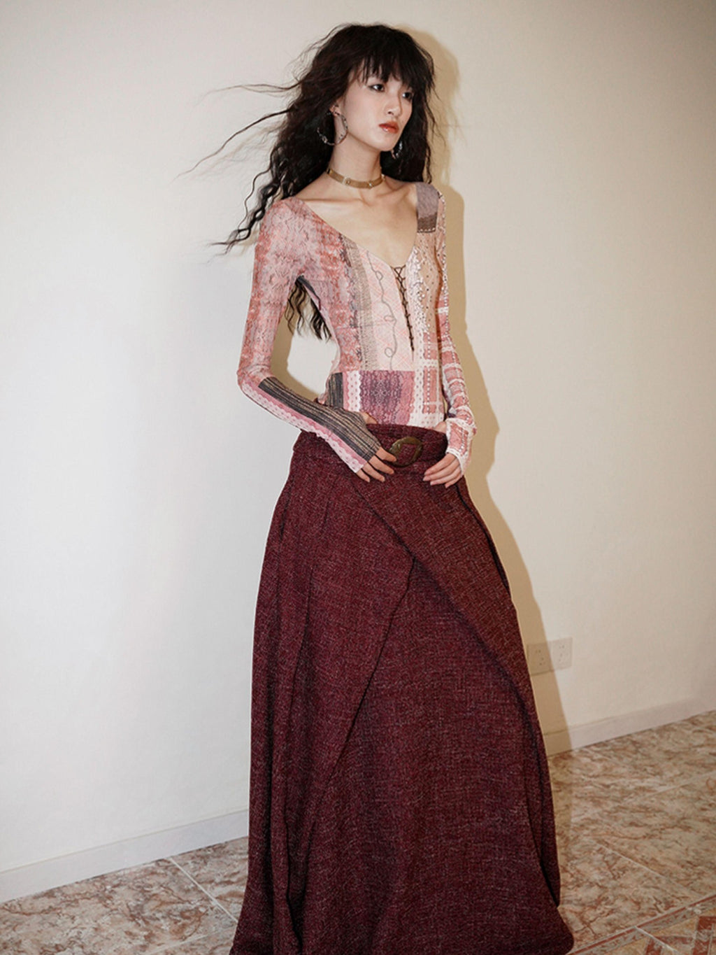 badtaste Printed Cutout Lace Up Faux Layered Women's Casual Maxi Dresses