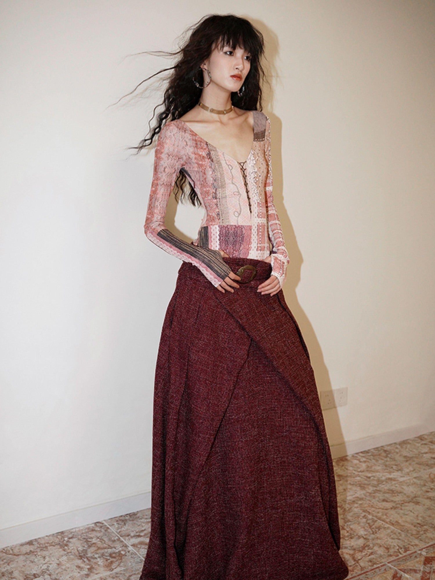 badtaste Printed Cutout Lace Up Faux Layered Women's Casual Maxi Dresses